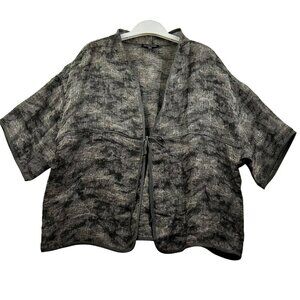 Eileen Fisher Petite Open-Front Jacket Gray & Black Abstract Design Linen‎ Blend